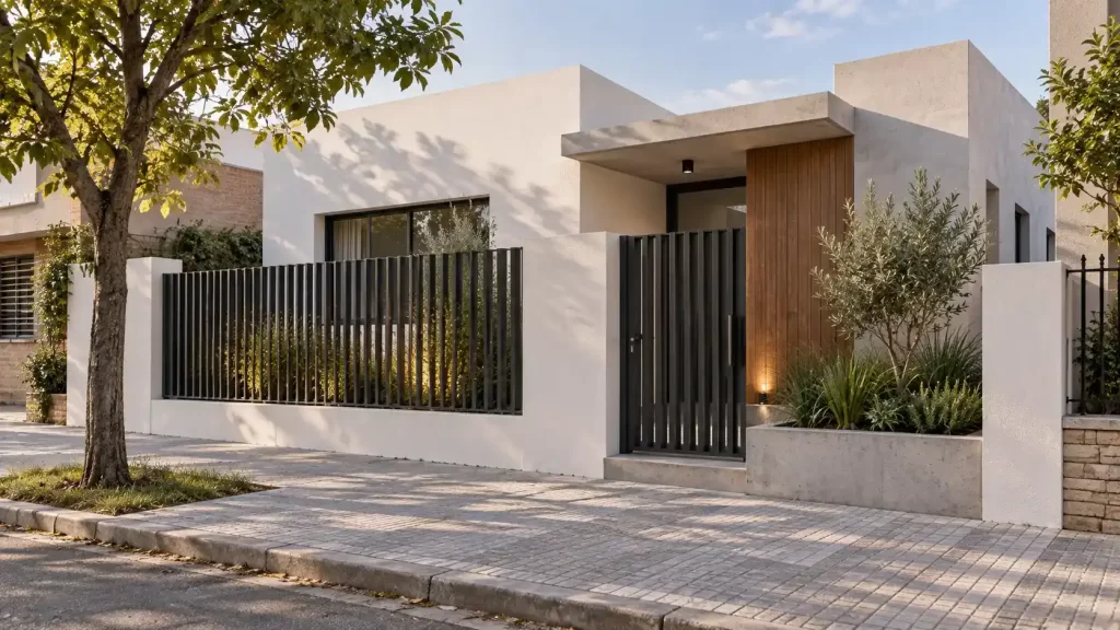 Fachada de vivienda contemporánea con cerco y portón de acceso en entorno urbano.