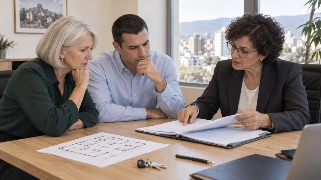Dos personas revisando documentación y planos de un inmueble con un asesor.