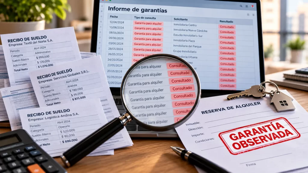 Recibos de sueldo sobre un escritorio, una computadora con un informe de garantías y consultas repetidas resaltadas en rojo, junto a una reserva de alquiler marcada como garantía observada.